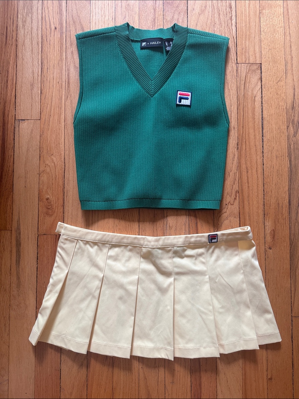 Fila Green Ribbed V-Neck Crop Vest with Cream Pleated Skirt